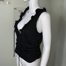 Load image into Gallery viewer, Size Large Fredericks Of Hollywood Black Lace Up Cut Out Ruffle Tank Top