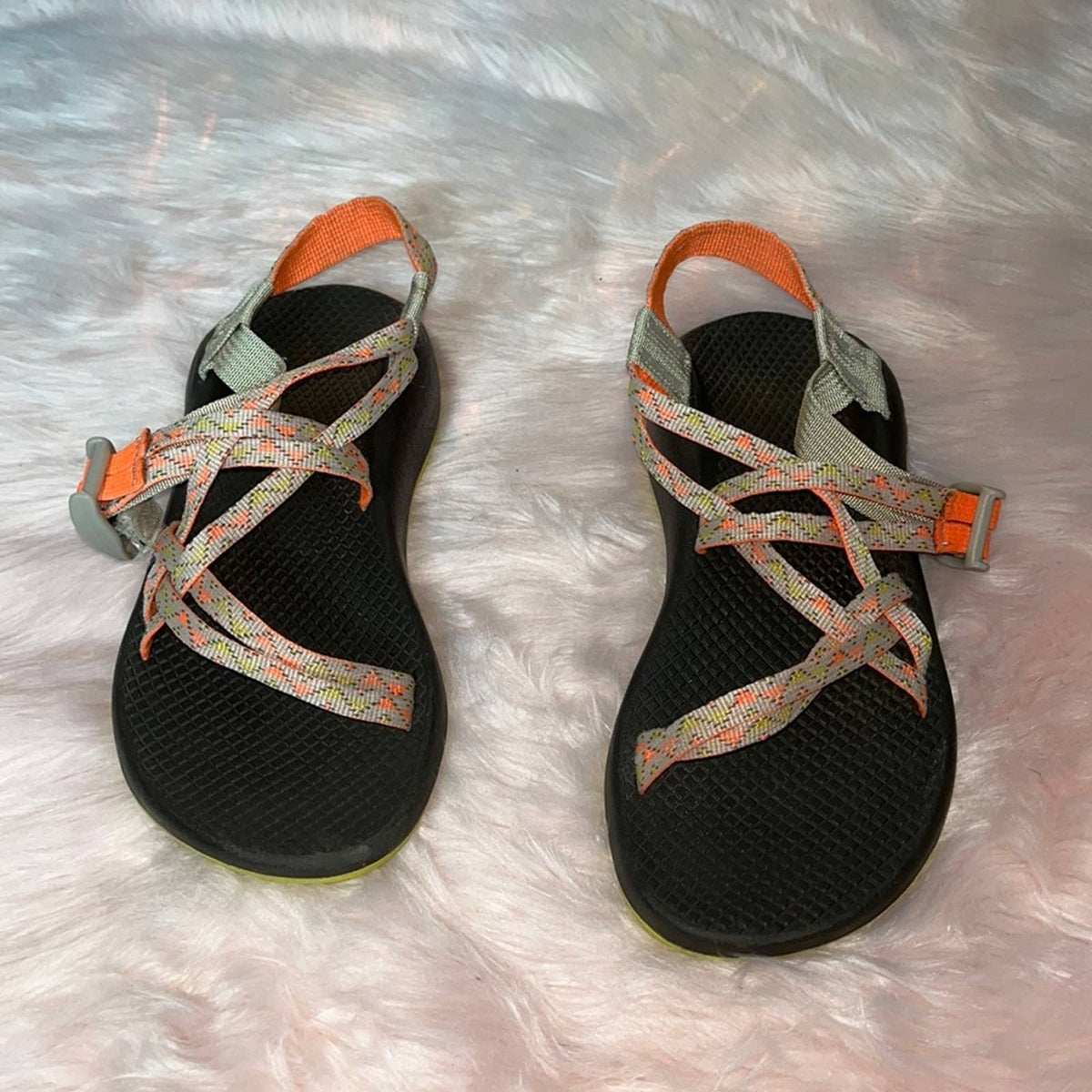 Size 6 Chaco Neon Orange Yellow Geometric Print Double Strap