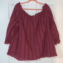 Load image into Gallery viewer, 2XL Lane Bryant Maroon Pink Eyelet Off Shoulder Blouse