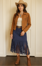 Load image into Gallery viewer, Medium Blue S NWOT Navy Fringe Suede Skirt
