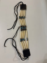 Load image into Gallery viewer, Faux Native American Indian 4 Row Southwestern-Style Bone Hairpipe Leather Choker With Turquoise Accents
