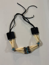 Load image into Gallery viewer, Faux Native American Indian 4 Row Southwestern-Style Bone Hairpipe Leather Choker With Turquoise Accents
