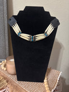 Faux Native American Indian 4 Row Southwestern-Style Bone Hairpipe Leather Choker With Turquoise Accents