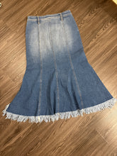 Load image into Gallery viewer, Small High Low Fringe Denim Skirt

