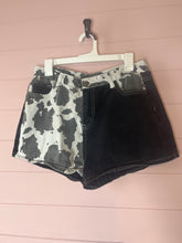 Load image into Gallery viewer, XL Size 12 Black &amp; White Denim Western Cow Print Shorts
