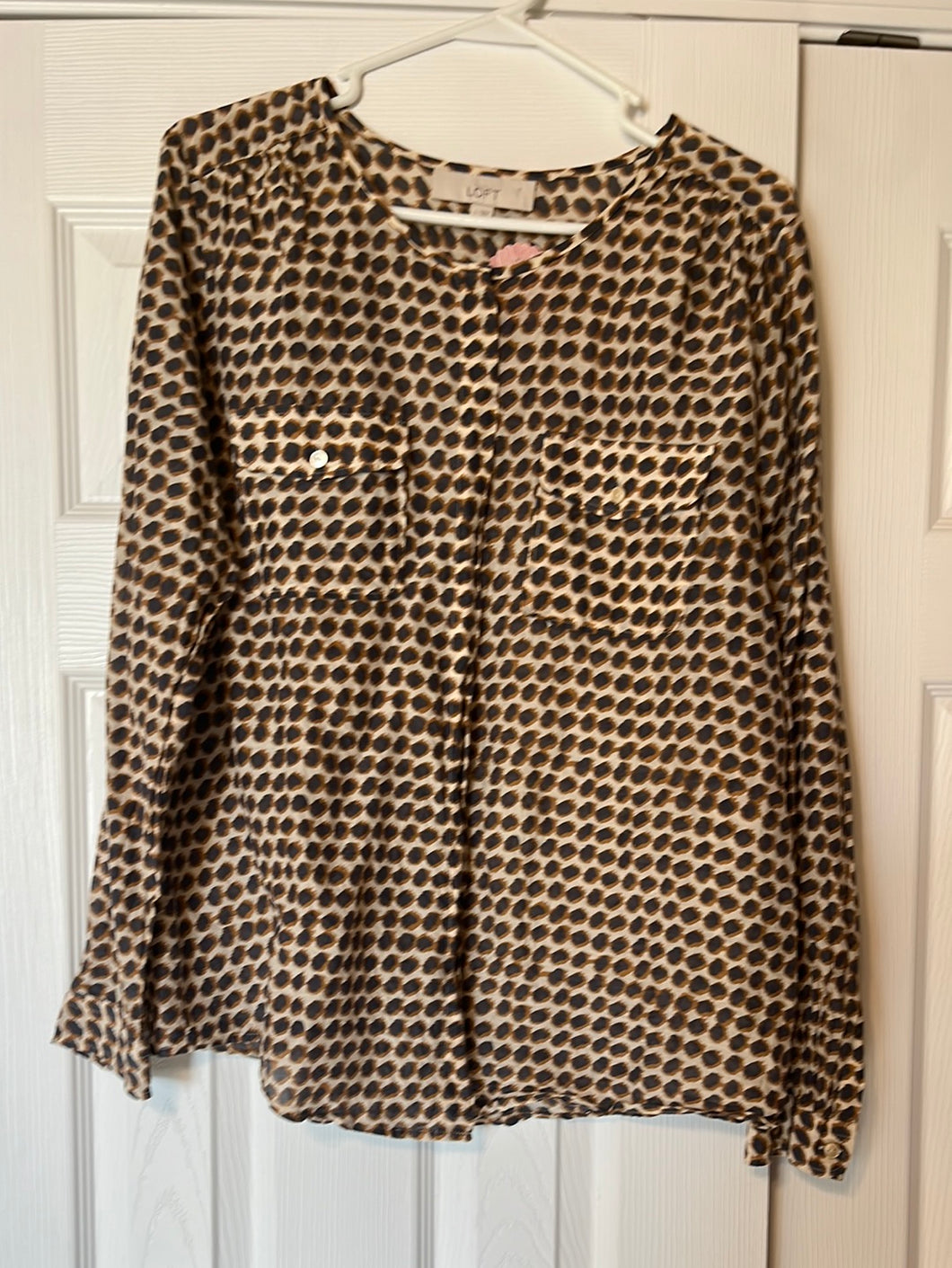 Large Loft Neutral Polka Dot Silk Button Up Blouse