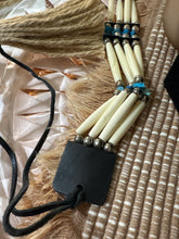 Load image into Gallery viewer, Faux Native American Indian 4 Row Southwestern-Style Bone Hairpipe Leather Choker With Turquoise Accents
