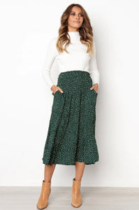 Large Green Polka Dot Pleated Swing Midi Skirt