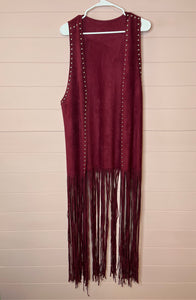 Medium Crazy Train Western Maroon Long Fringe Vest