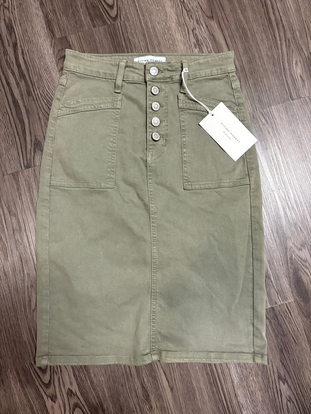 NWT Flying Monkey Size 24 Knee Length Button Fly Olive Green Denim Skirt