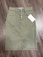 NWT Flying Monkey Size 24 Knee Length Button Fly Olive Green Denim Skirt