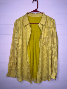 Large Golden Yellow Floral Sheer Sleeve Button Up Shirt