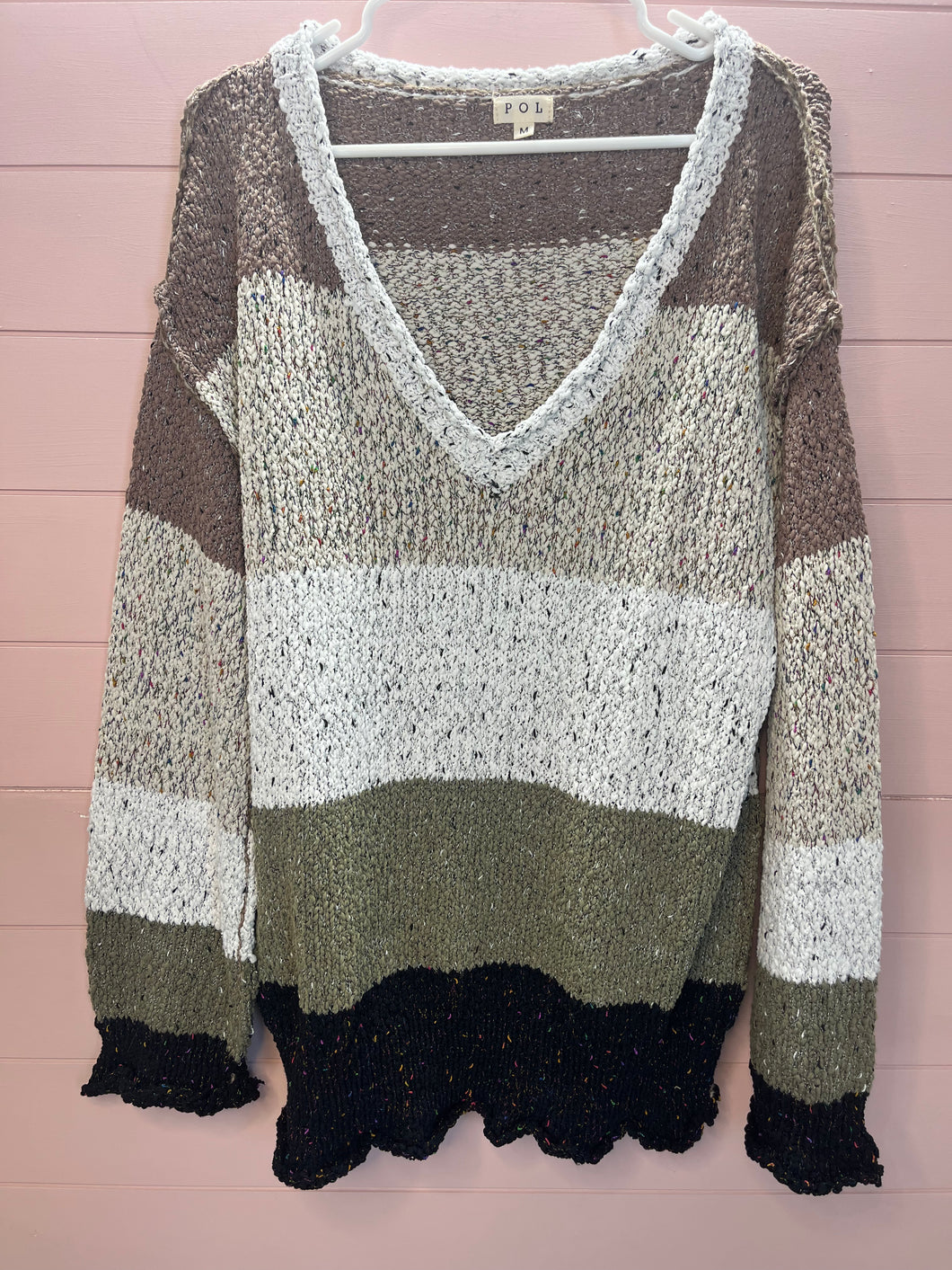 Medium POL Color Block Neutral Chunky V-Neck Sweater