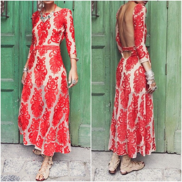 Small For Love And Lemons Boho Red Lace Midi Gown