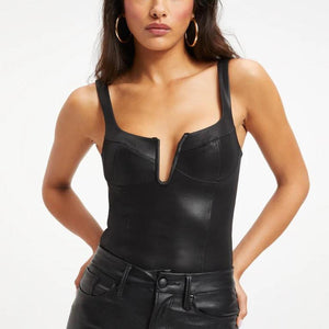 Size 8 Good American Faux Leather U Corset Black Bodysuit