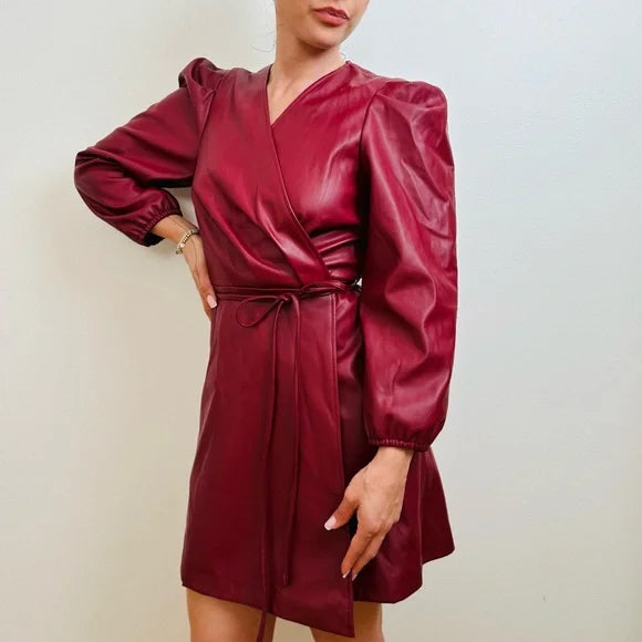 Small BCBG NWT Faux Leather Mini Wrap Dress