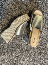 Load image into Gallery viewer, Size 9 Justfab Gold Espadrille Wedge Slides

