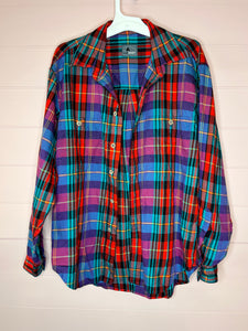 Large Liz Wear Colorful Plaid Long Sleeve Flannel Button Up Shirt