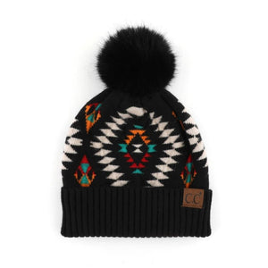 CC South Western Pattern Faux Fur Pom Beanie