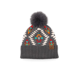 CC South Western Pattern Faux Fur Pom Beanie