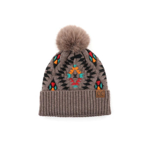 CC South Western Pattern Faux Fur Pom Beanie