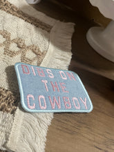 Load image into Gallery viewer, Vintage Light Wash Wrangler Denim Dibs On The Cowboy Embroidered Iron On Patch
