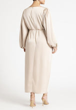 Load image into Gallery viewer, Size 16 Eloquii NWT Beige Satin Puff Sleeve Pleated Dress
