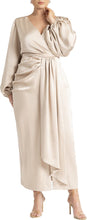 Load image into Gallery viewer, Size 16 Eloquii NWT Beige Satin Puff Sleeve Pleated Dress
