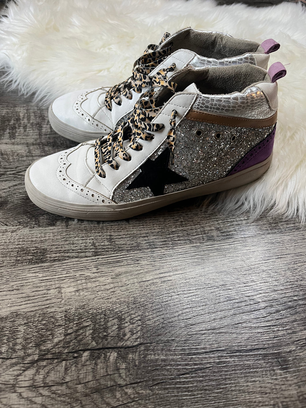 Size 10 Shu Shop Silver Glitter Leopard High Top Sneakers