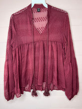 Load image into Gallery viewer, Small SHEIN Dark Red Sheer Boho Ruffle Peasant Style Top
