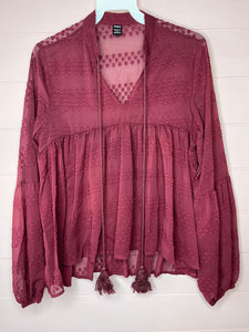 Small SHEIN Dark Red Sheer Boho Ruffle Peasant Style Top