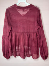 Load image into Gallery viewer, Small SHEIN Dark Red Sheer Boho Ruffle Peasant Style Top
