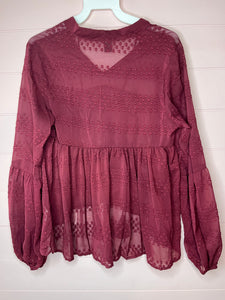 Small SHEIN Dark Red Sheer Boho Ruffle Peasant Style Top