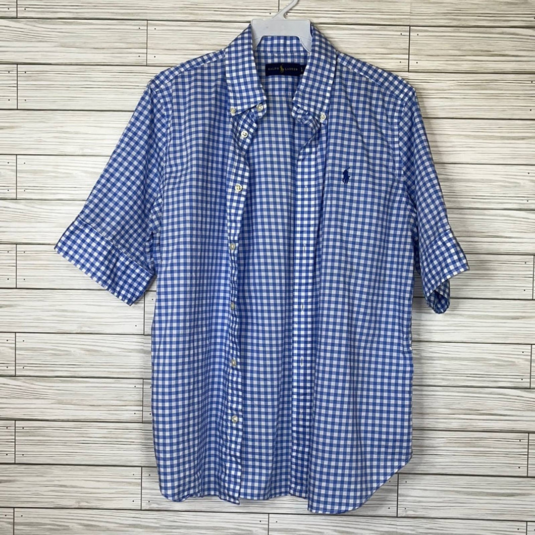 Kids Large Ralph Lauren Blue White Kids Short Sleeve Button Up Polo Shirt