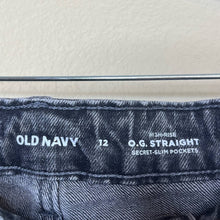 Load image into Gallery viewer, Size 12 Old Navy O.G. Straight High Rise Black Acid Wash Jeans
