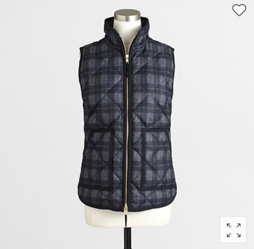 J. Crew Black & Gray Plaid quilted puffer vest