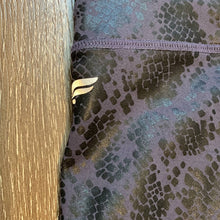 Load image into Gallery viewer, Size Medium Fabletics Shiny Black &amp; Purple Snake Print Cropped Leggings
