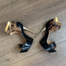 Load image into Gallery viewer, Size 8 Penny Loves Kenny Black Gold &amp; Leopard Platform Stilettos
