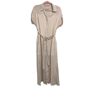 Medium En Creme Tan & White Striped Button Up Dress