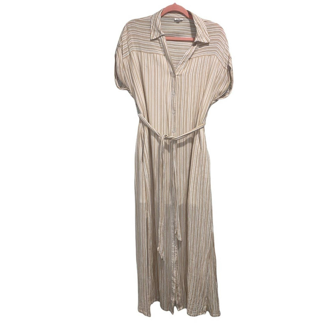 Medium En Creme Tan & White Striped Button Up Dress