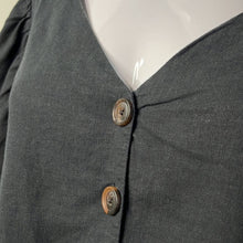 Load image into Gallery viewer, Small Urban Outfitters Black Linen Puff Sleeve V-Neck Button Shirt
