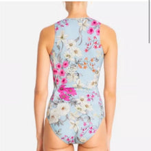 Load image into Gallery viewer, Small Johnny Was Belladonna Neoprene One pIece Front Zip Blue Floral Swim Suit
