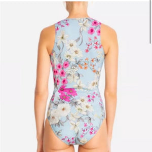 Small Johnny Was Belladonna Neoprene One pIece Front Zip Blue Floral Swim Suit
