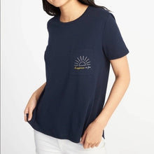 Load image into Gallery viewer, Large Old Navy Dark Blue Happiness Is Free Boyfriend Pocket Tee Shirt
