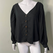 Load image into Gallery viewer, Small Urban Outfitters Black Linen Puff Sleeve V-Neck Button Shirt

