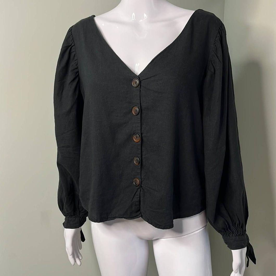 Small Urban Outfitters Black Linen Puff Sleeve V-Neck Button Shirt