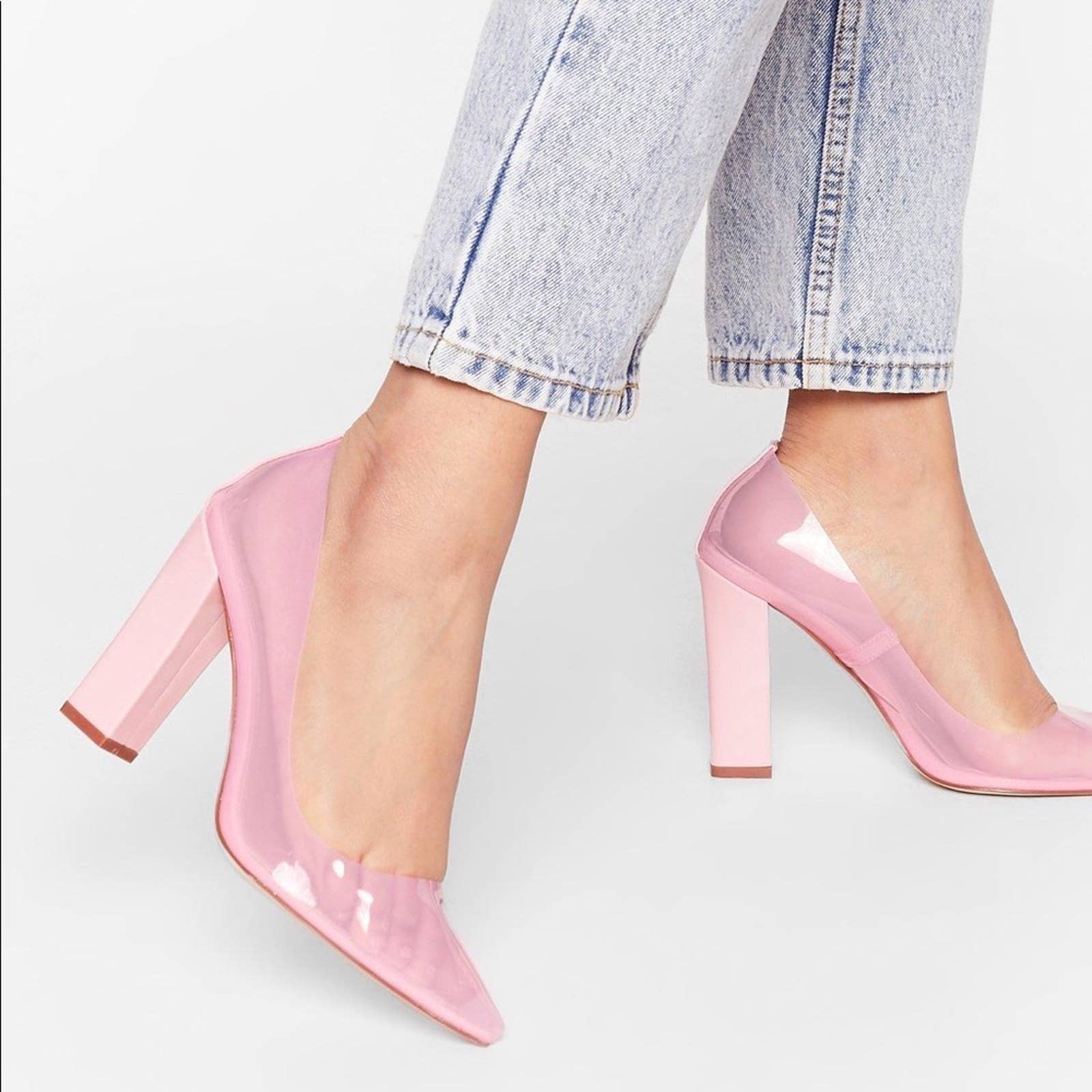Size Nasty Gal Pink Clear Almond Block Court Heels