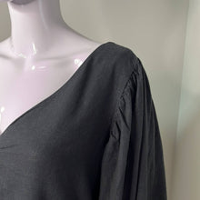 Load image into Gallery viewer, Small Urban Outfitters Black Linen Puff Sleeve V-Neck Button Shirt

