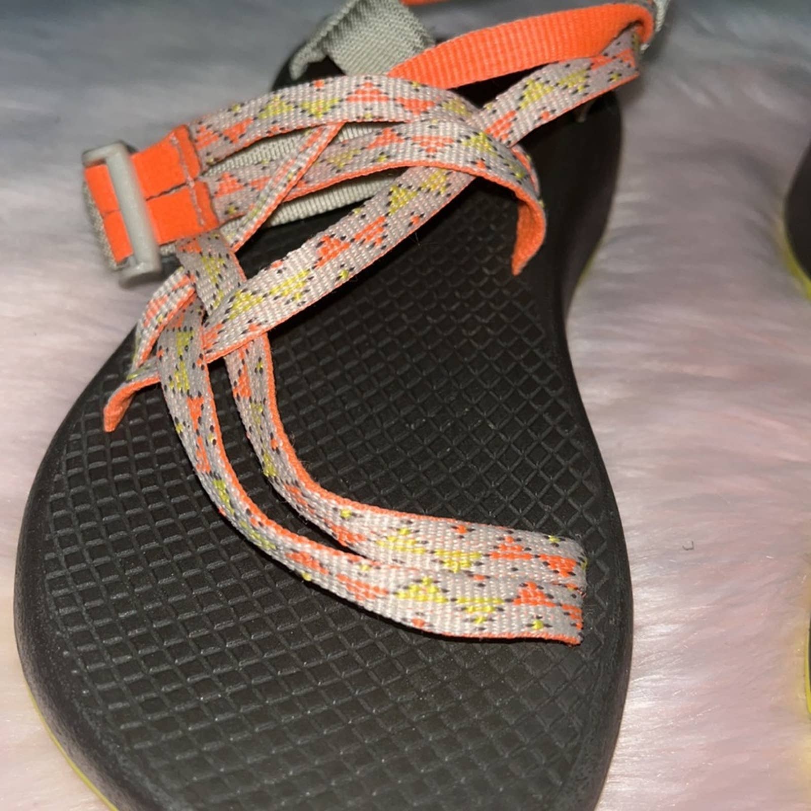 Size 6 Chaco Neon Orange Yellow Geometric Print Double Strap