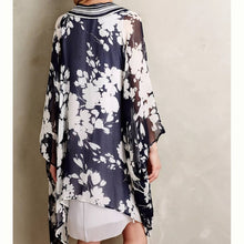 Load image into Gallery viewer, One Size Anthropologie Elevenses Silk Palolem Chiffon Navy White Floral Kimono
